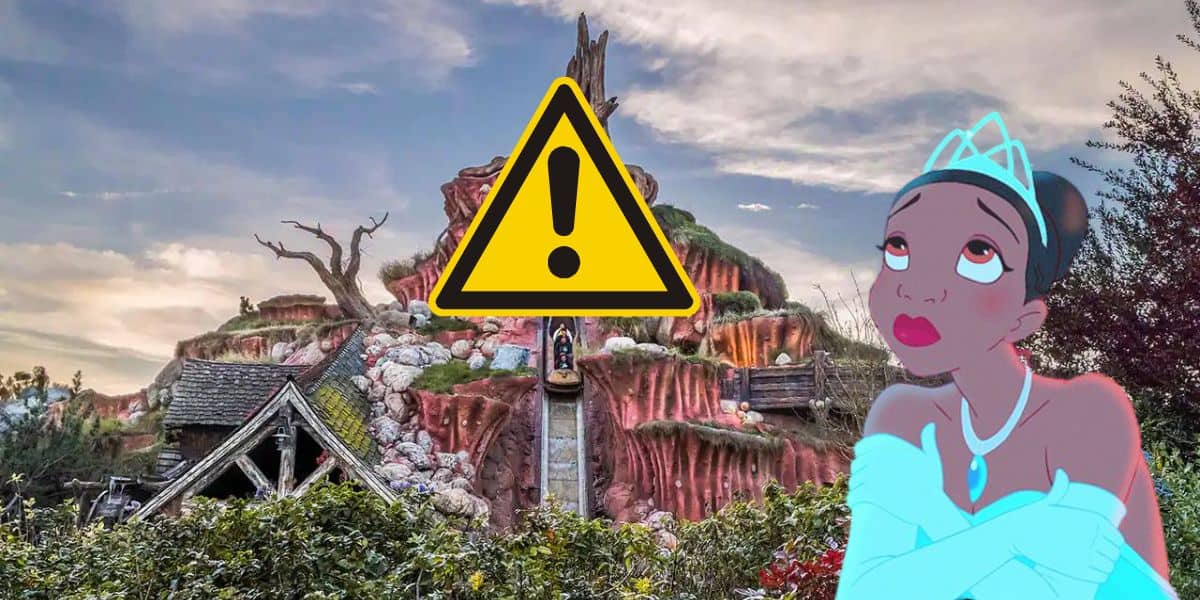 tiana looks on sadly at hazardous splash mountain in disneyland
