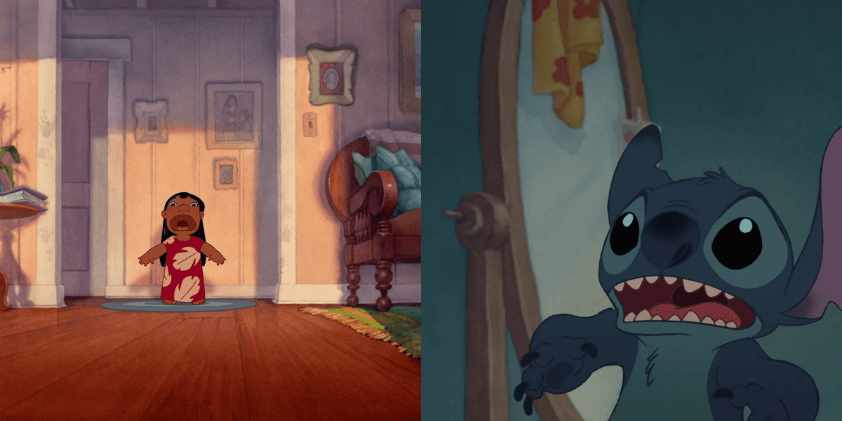 lilo and stitch, lilo screaming (left), stitch worried (right)