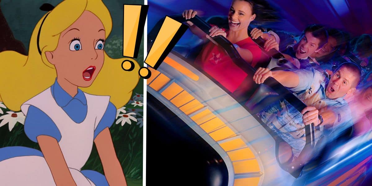 A split image featuring Disney's Alice from "Alice in Wonderland" looking surprised on the left, and guests on a roller coaster, excited and screaming, on the right.