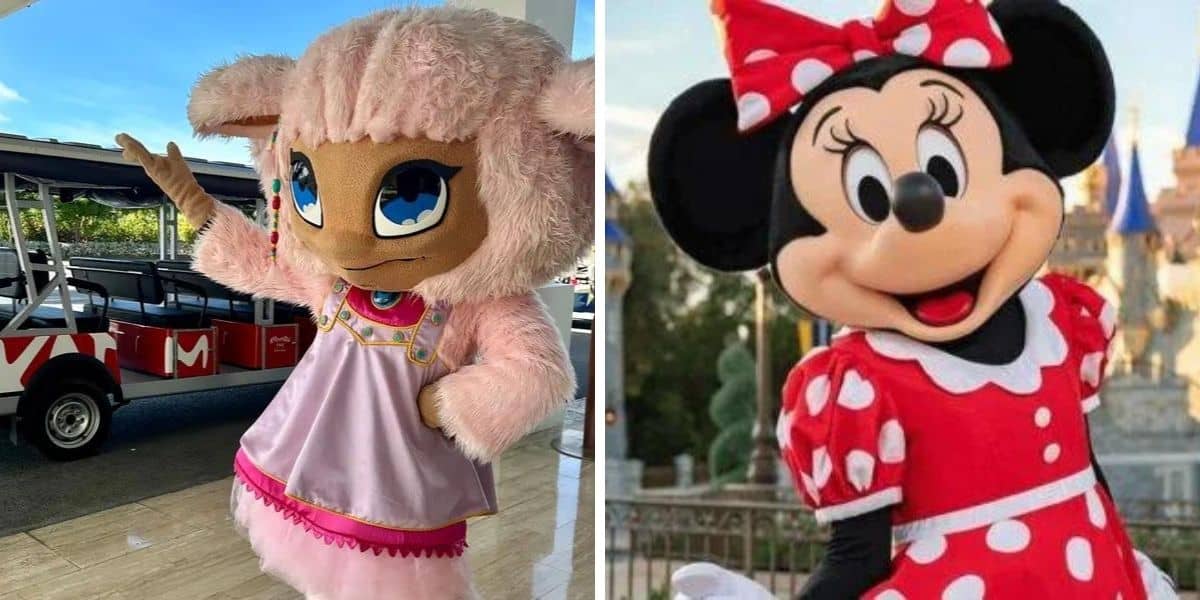 a Katmandu Park fur character and Minnie Mouse