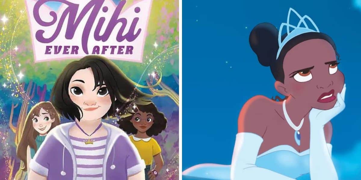 Mihi, Savannah, and Reese on the cover of the book called Mihi Ever After by Tae Keller and Princess Tiana looking exasperated in 'Princess and the Frog'