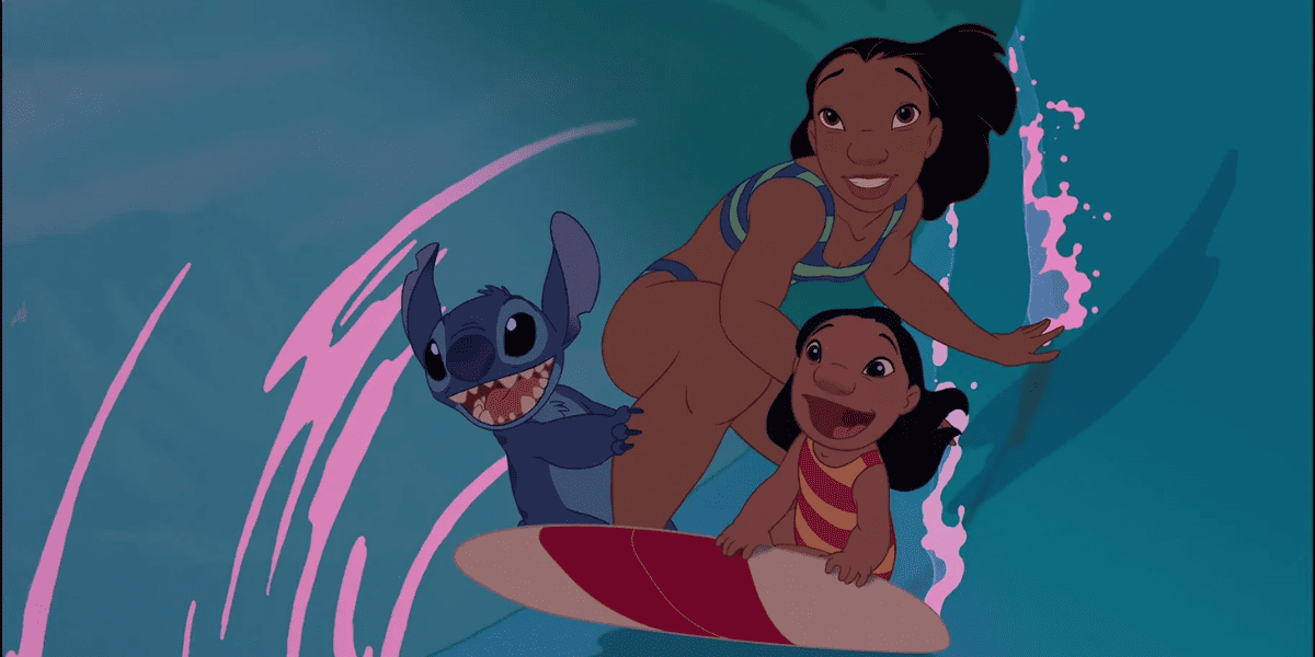 stitch, nani, and lilo surfing