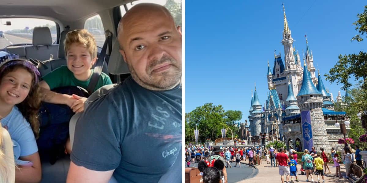 montanez family driving to disney world and cinderella's castle