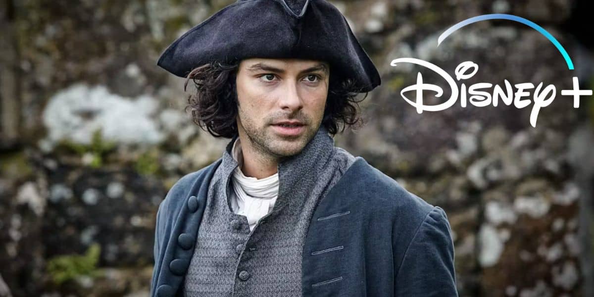 Aidan Turner as Ross Poldark with a Disney+ logo