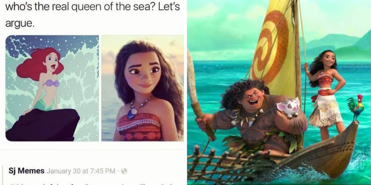 moana and ariel meme about the queen of the sea, and moana with maui pua and heihei