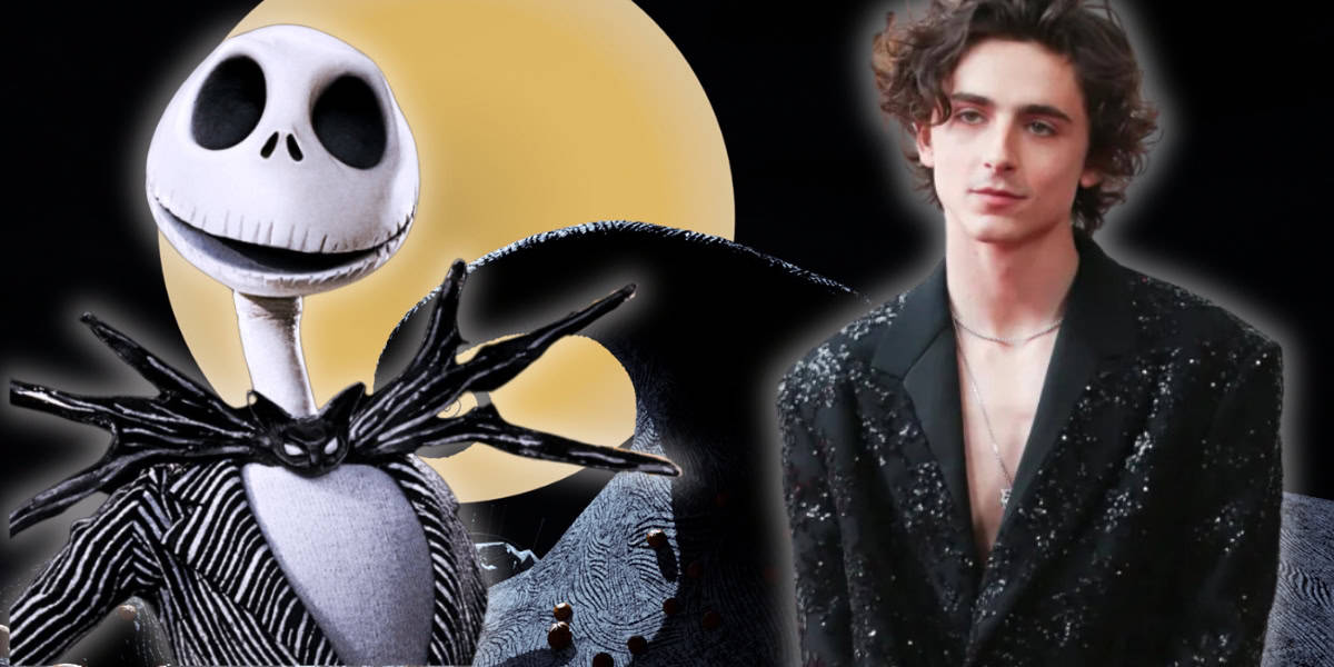 A composite image featuring Jack Skellington from "The Nightmare Before Christmas" alongside a person in a black sequined jacket. Jack Skellington, depicted in live action, stands before a large yellow moon, while the person poses against a dark blurred background.