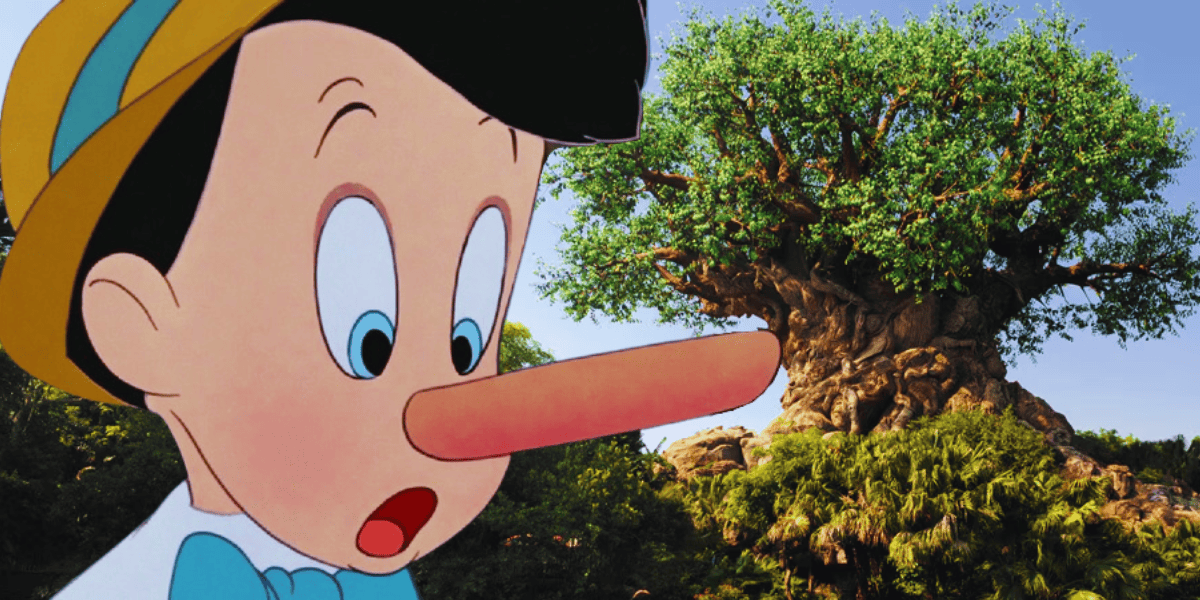 pinocchio looking shocked, animal kingdom's tree of life in the background