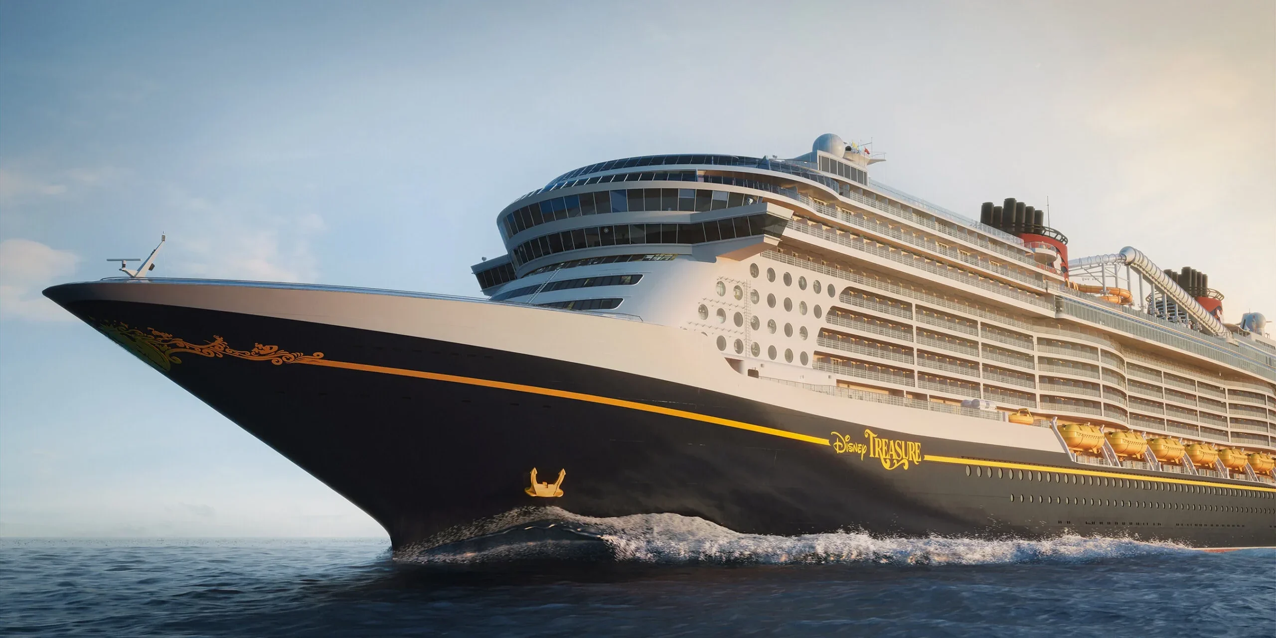 A large Disney cruise ship sails on calm waters under a clear sky, offering the ultimate Disney vacation. Its hull is dark with gold detailing, and the name "Disney Treasure" is visible on the side. The ship features multiple decks, numerous windows, and various amenities. The ocean extends to the horizon.