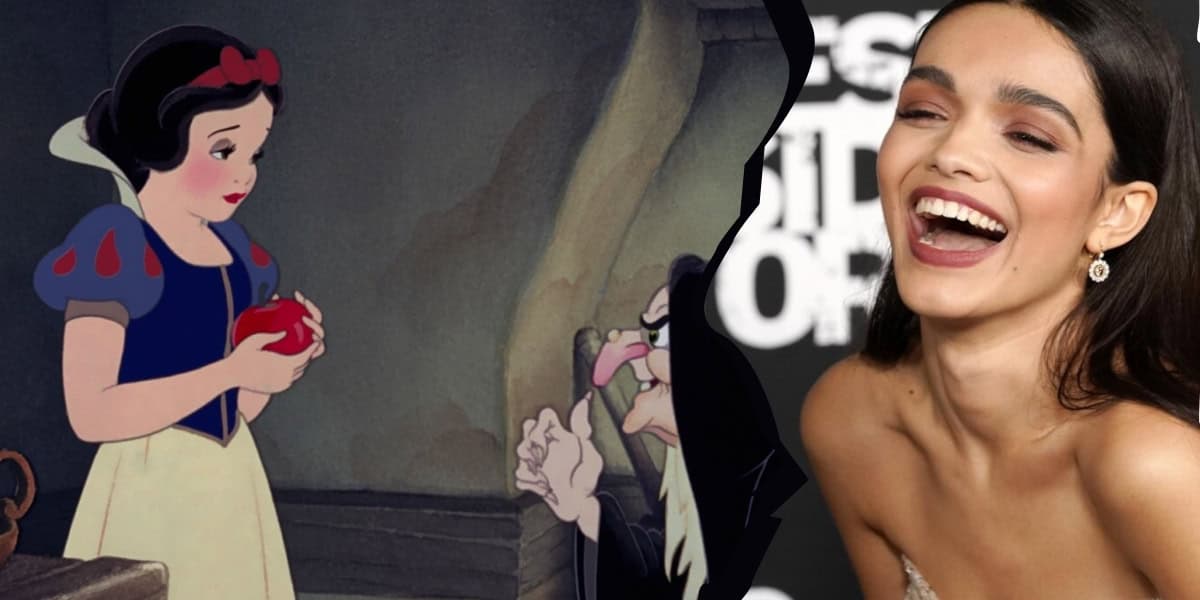 An image split into two halves: on the left, a scene from "Snow White" showing the princess holding a red apple and an old woman offering it to her; on the right, Rachel Zegler with long dark hair is laughing against a blurred background with text.