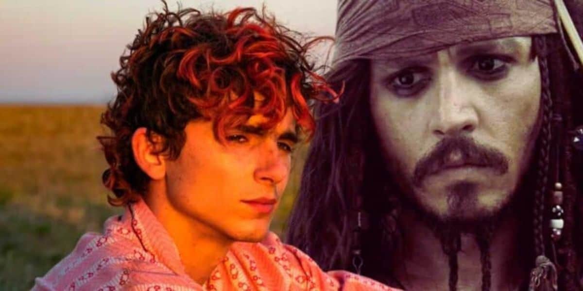 Timothee Chalameta and Johnny Depp staring on the background behind him