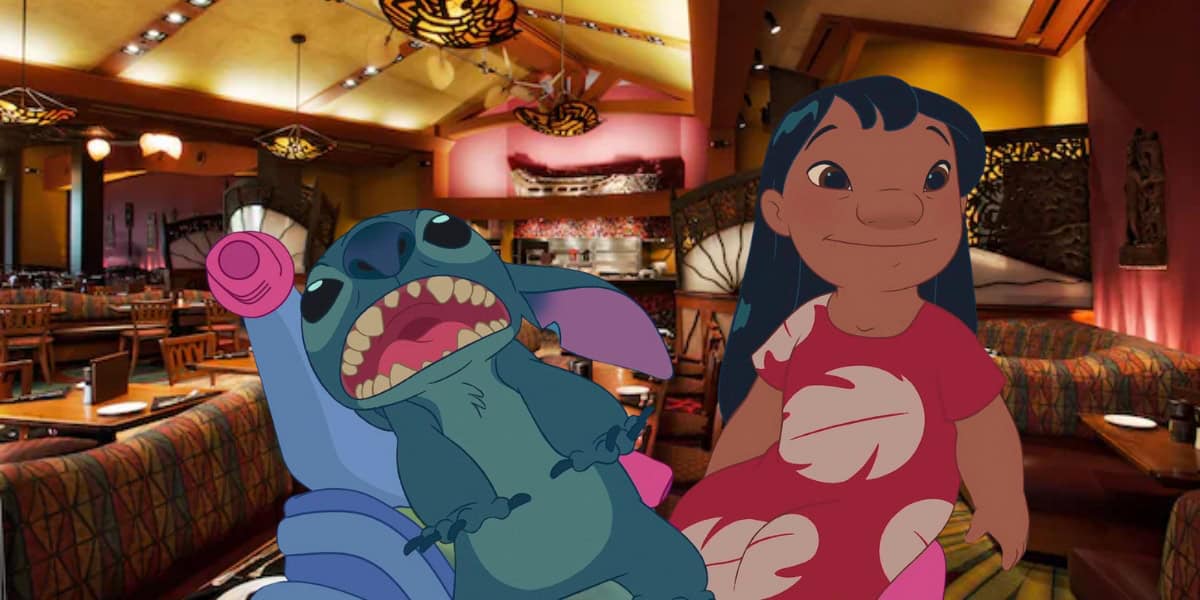 An animated scene shows two characters, one blue and alien-like, and the other a dark-haired girl in a red and white dress. They are in a colorful, warmly lit restaurant reminiscent of Disney World's Polynesian Resort, with wooden furniture and painted walls. The blue character appears excited while the girl smiles.