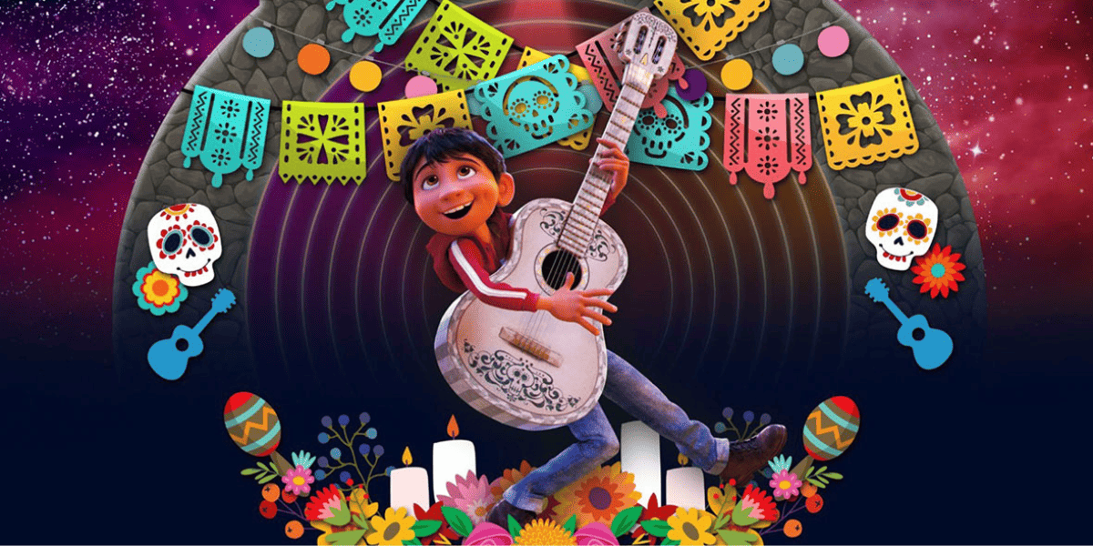 A cheerful animated boy plays a guitar surrounded by colorful papel picado, candles, marigolds, and sugar skulls against a vibrant starry background. The scene is festive and bright, evoking a sense of celebration.