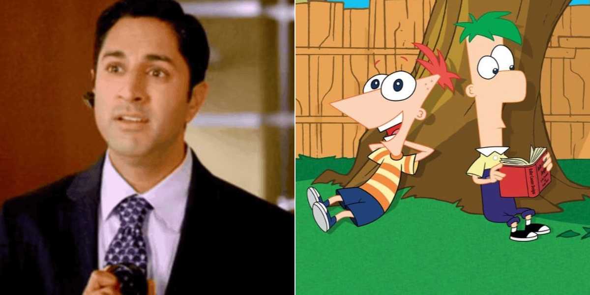 Maulik Pancholy in NBC's '30 Rock' (left) with Phineas and Ferb from Disney+ (right)