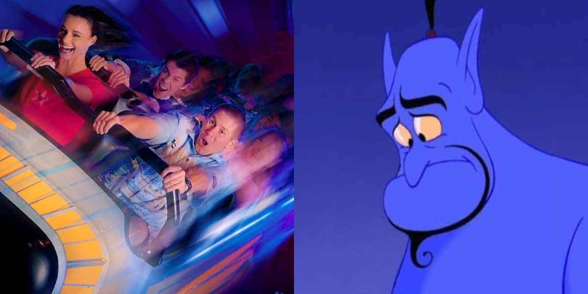 Guests on Space Mountain (left), the Genie from Aladdin looking sad (right)
