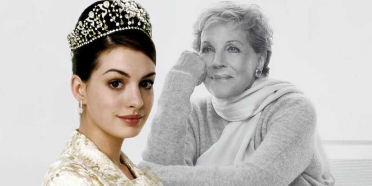 Anne Hathaway in front with crown from Princess Diaries with Julie Andrews