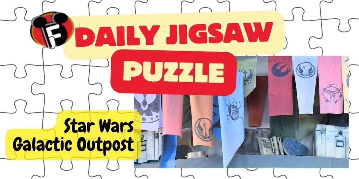 Image of a promotional jigsaw puzzle featuring Star Wars flags. The text reads: "DAILY JIGSAW PUZZLE" in bold red and yellow with a Mickey Mouse ears logo. Below, it says "Star Wars Galactic Outpost" above an assortment of Star Wars flags.