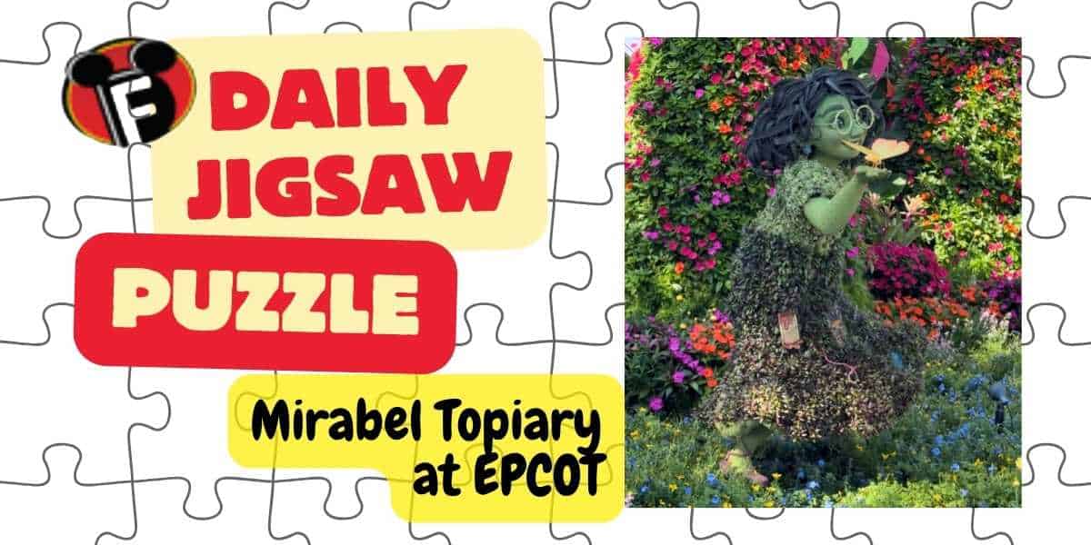 A promotional image of a Disney jigsaw puzzle featuring a green topiary of a character with glasses and black hair, set in a garden with colorful flowers. Text reads "Daily Jigsaw Puzzle" and "Mirabel Topiary at EPCOT.
