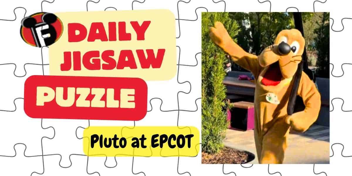 Image of a jigsaw puzzle featuring a header that reads "Daily Jigsaw Puzzle." The puzzle image shows a costumed character, Pluto the dog, at EPCOT, posing outdoors near greenery and a bench.