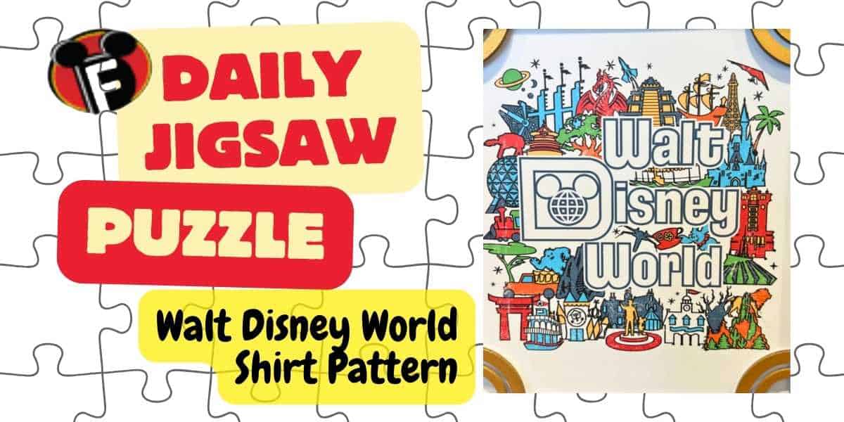 A colorful Disney jigsaw puzzle box featuring the "Walt Disney World Shirt Pattern" design. The large text says "Daily Jigsaw Puzzle" with a smaller box below labeled "Puzzle". The front of the box displays a vibrant collage of Walt Disney World attractions.