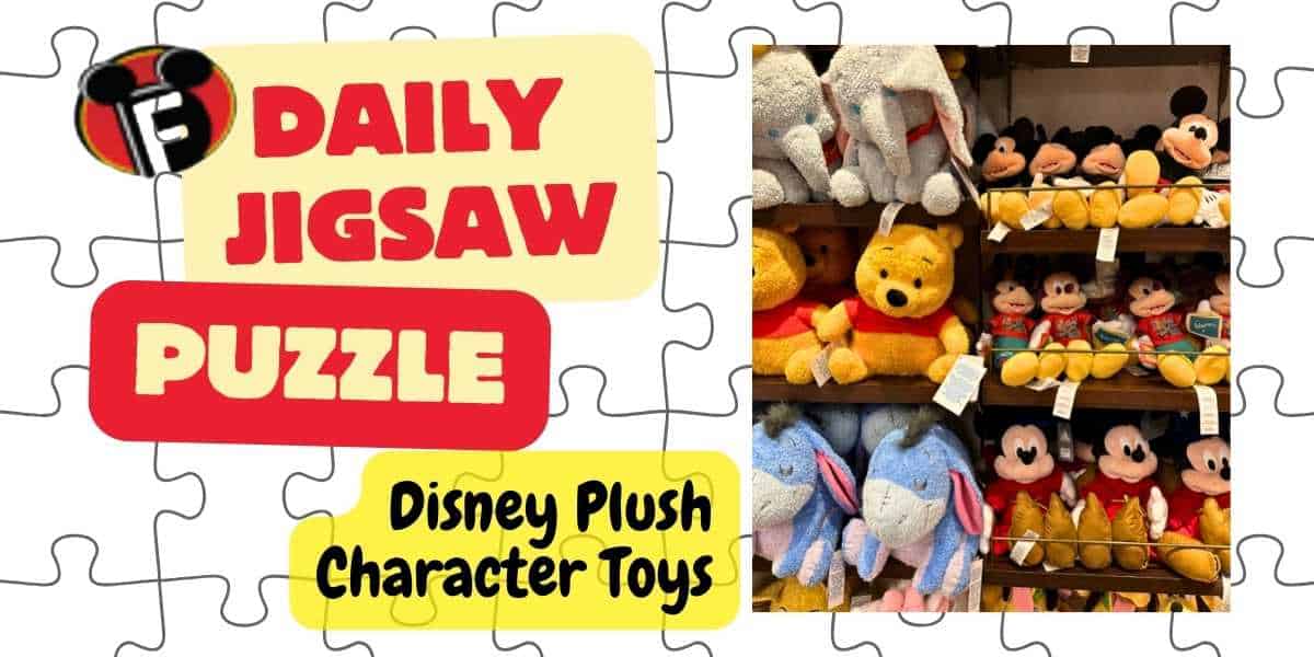 Image of an ad for a daily Disney Jigsaw Puzzle featuring plush character toys. The left side has text and a logo with a puzzle piece design. The right side shows shelves filled with plush toys of Disney characters like Mickey Mouse, Winnie the Pooh, and Eeyore.