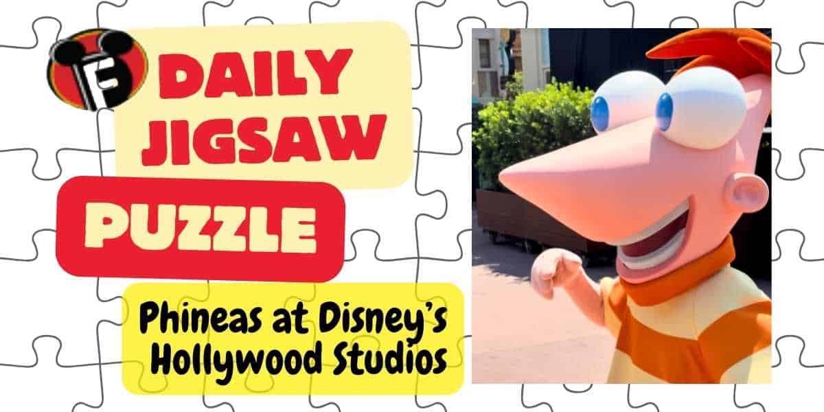 An image featuring a "Disney Jigsaw Puzzle" theme with a picture of the animated character, Phineas, at Disney's Hollywood Studios. The background includes various puzzle pieces. The text reads, "Phineas at Disney's Hollywood Studios.