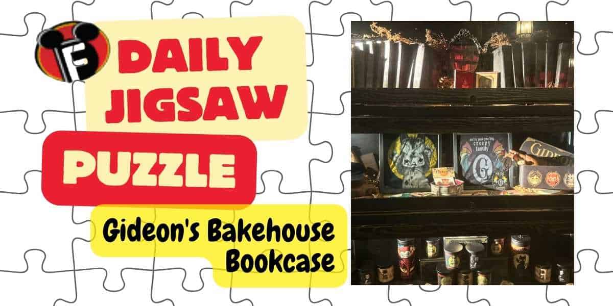 The image features a promotional graphic for a daily jigsaw puzzle. On the left, a logo resembling a puzzle piece is combined with the words "DAILY JIGSAW PUZZLE" in red and white text. On the right, there is a photo of Gideon's Bakehouse bookcase filled with various items.