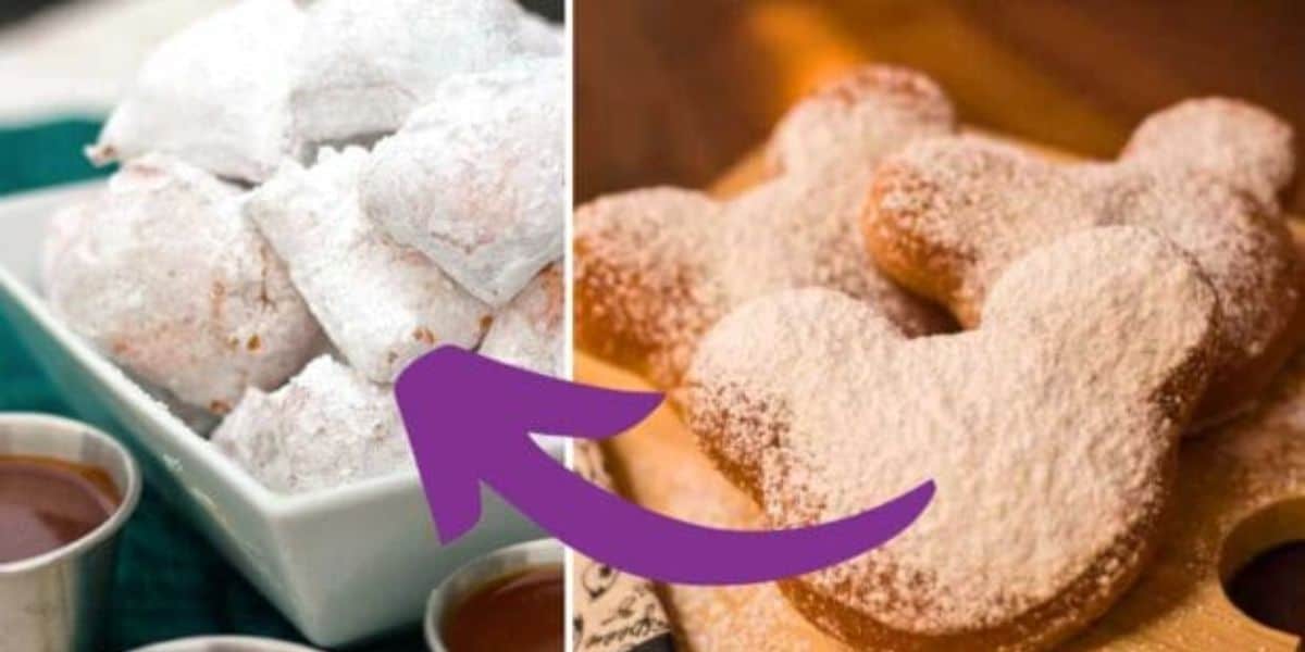 The image shows a split view of beignets dusted with powdered sugar. On the left, there is a white bowl filled with traditional rectangular beignets. On the right, there are beignets shaped like Mickey Mouse’s head. A purple arrow points from left to right.