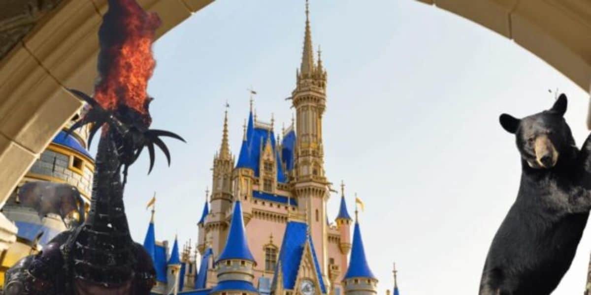 Magic Kingdom's Cinderella Castle with a black bear and a parade float on fire edited into the foreground.