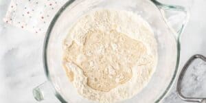 A glass bowl contains flour with bubbling liquid starter for making bread dough. A cloth with a red and blue pattern is partially visible in the background, and a metal dough hook is on the right side. The setup is on a light-colored countertop.