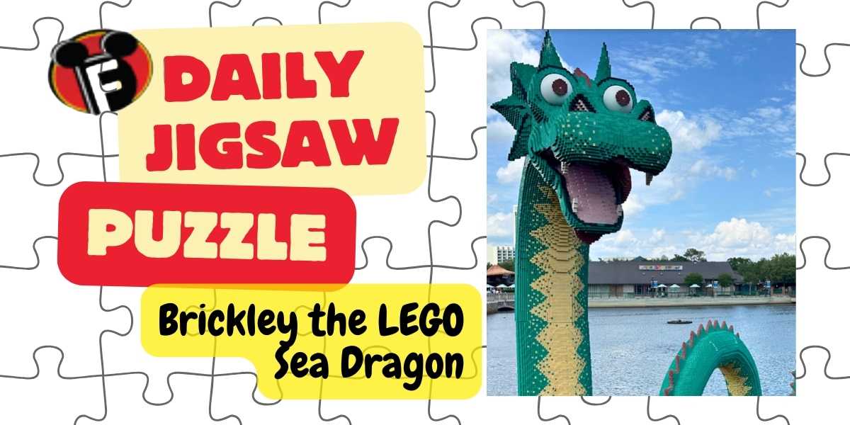 A promotional image featuring the text "DAILY JIGSAW PUZZLE" and "Brickley the LEGO Sea Dragon" next to an image of a large LEGO sculpture of a green sea dragon with a smiling face against a blue sky.