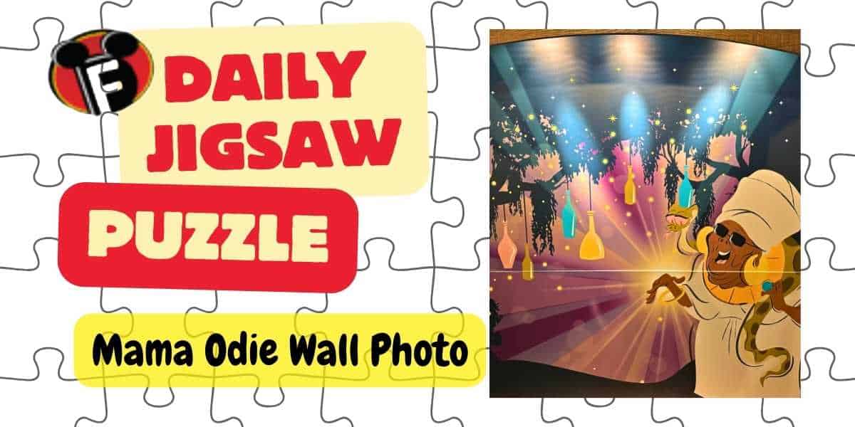 Promotional image for a Daily Jigsaw Puzzle featuring a "Mama Odie Wall Photo" jigsaw. The image shows a cartoon of Mama Odie, a character clad in white, with hanging bottles and glowing lights in the background. The puzzle theme is emphasized with a puzzle piece design.