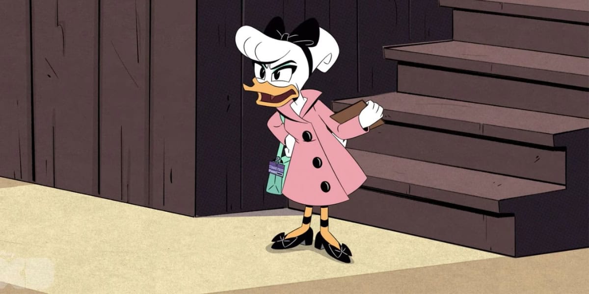 Animated character Daisy Duck stands at the bottom of a staircase, wearing a pink trench coat, a black bow on her head, and black shoes. She holds a clipboard under one arm and looks determined. The background features a wooden wall and steps.