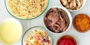 An assortment of food items inspired by a Satu'li Bowls Recipe from Pandora – World of Avatar is displayed: a bowl of cooked spaghetti, a bowl of sliced roasted meat, a bowl of grilled chicken slices, a bowl of mixed coleslaw, a bowl of yellow sauce, a bowl of red sauce, and a bowl of orange fish roe.