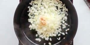 A frying pan is shown with chopped onions and a small amount of minced garlic cooking inside. The pan is situated on a stove, and the ingredients are beginning to sauté.