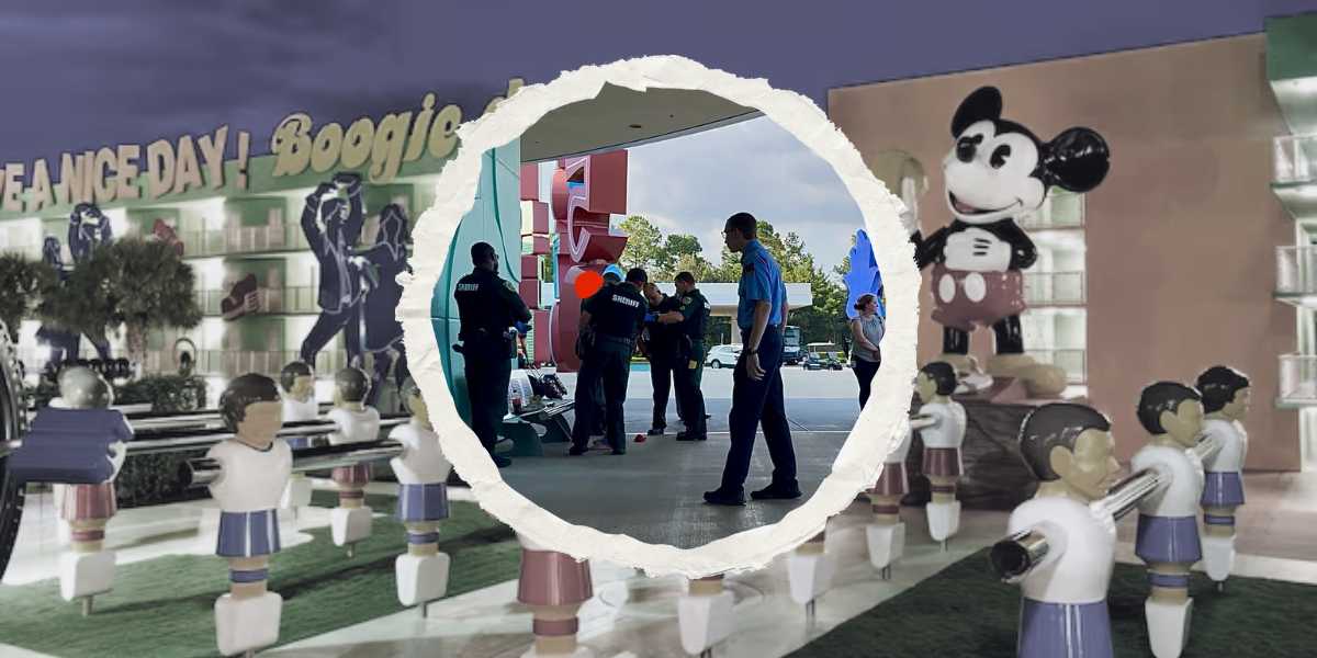 A group of people in uniforms stand together outside a building. The scene is framed by a large circular cutout, revealing figures of children and a large cartoon character holding a guitar in the background. The setting appears to be an amusement or themed location.