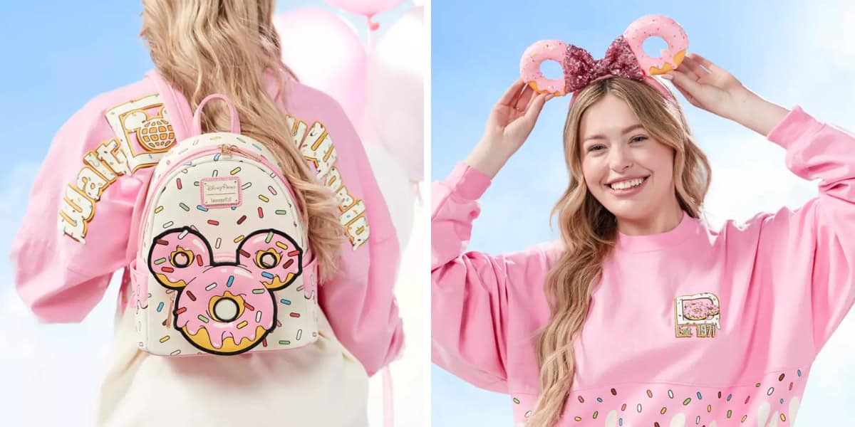 A woman wearing a pink long-sleeve shirt with donut designs and a white backpack adorned with a donut-patterned Mickey Mouse. She also has a pink headband with donut ears. The background shows a clear blue sky with some balloons.