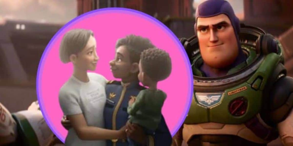 Animated scene showing a space ranger in a spacesuit with a thoughtful expression, looking at a circular frame. Inside the circular frame are three people: two women and a child, smiling and warmly interacting with each other against a pink background.