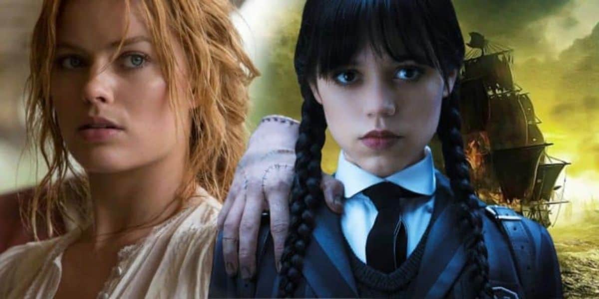 Split image of two characters: the left shows a person with tousled blonde hair in a white shirt, and the right features a person with dark braided hair, wearing a black dress, white collar, and tie, with a disembodied hand on their shoulder and a gloomy background.