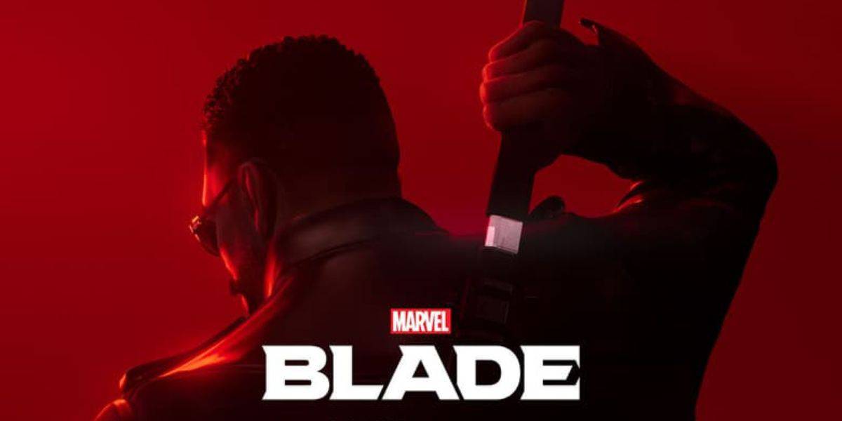 A darkly silhouetted figure with short hair and wearing sunglasses holds a sword over their shoulder. The background is a deep red. The word "Marvel" appears above the large white text "Blade" at the bottom center of the image.