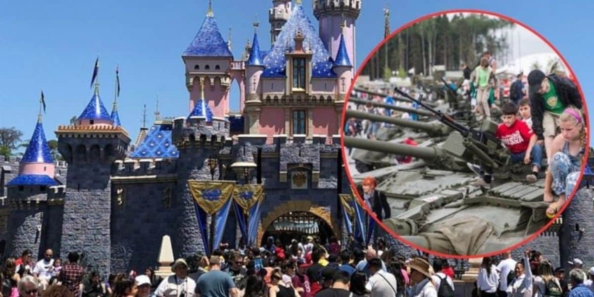 An image of a bustling crowd in front of a castle with blue roofs in a theme park. In the upper right corner, there is an inset showing people, including children, exploring military tanks and armored vehicles.