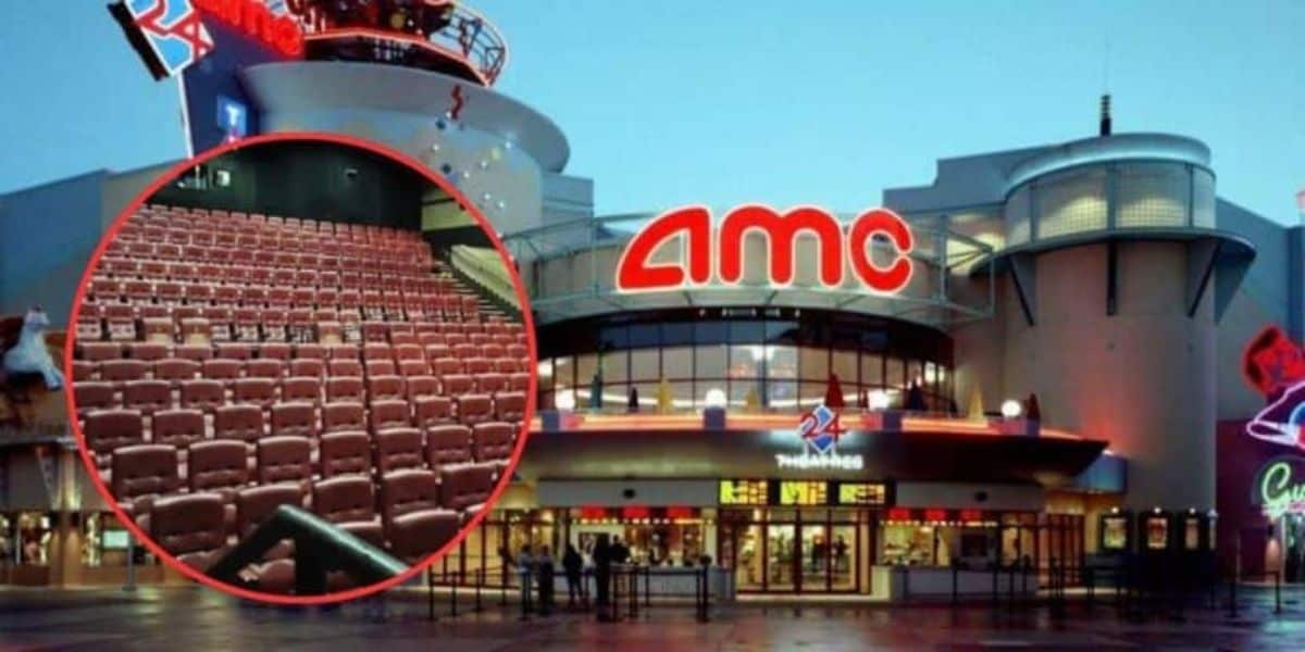 An exterior view of an AMC movie theater with its bright red neon sign. Inset in a circle is an interior view showing rows of empty red theater seats, creating a juxtaposition of the theater's outside and inside.