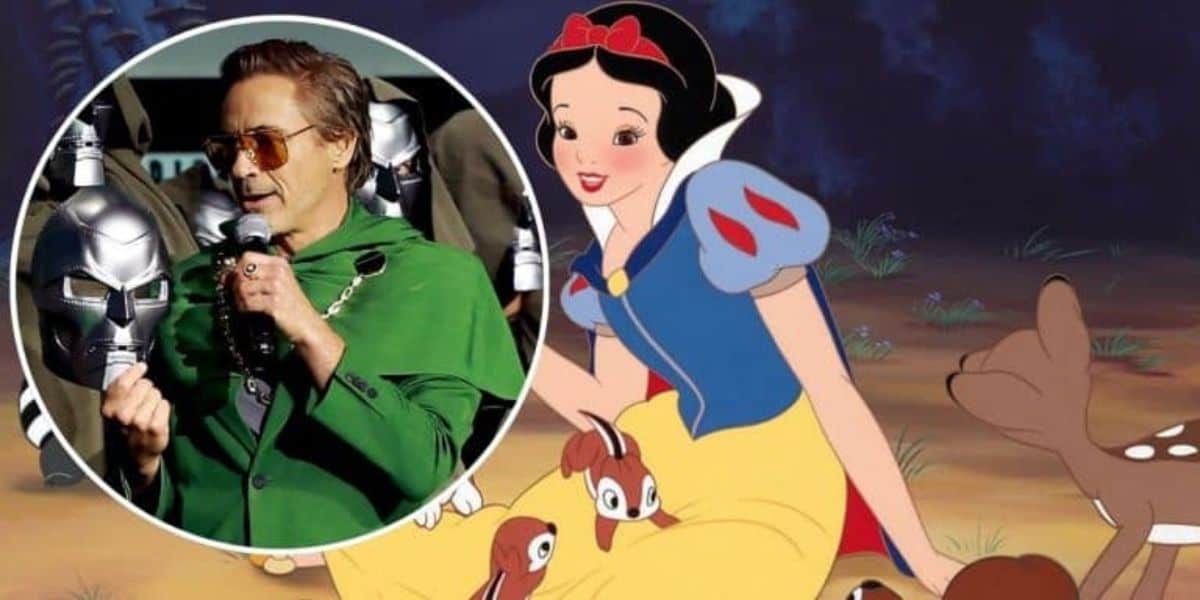 Snow White sits on the ground with two deer and a fawn beside her under a dark, starry sky. An inset circle shows an actor in a green outfit holding a microphone, with people wearing metal masks in the background.