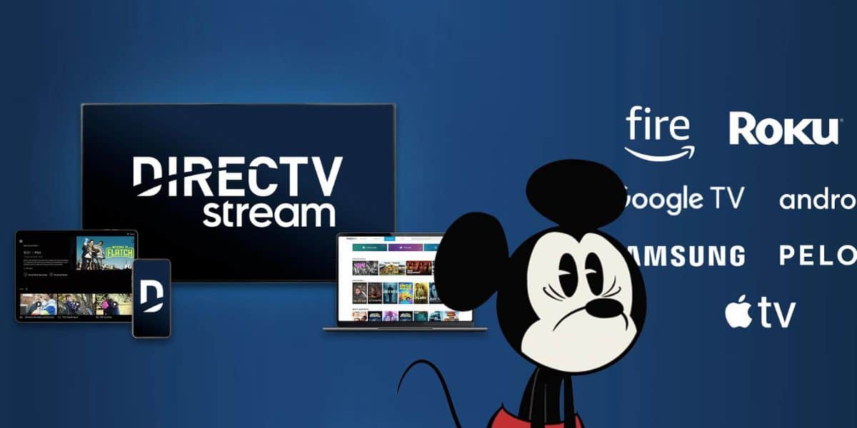 A cartoon caricature stands in front of a blue backdrop featuring logos of streaming services, including DirecTV Stream, Fire, Roku, Google TV, Android, Samsung, Peloton, and Apple TV. Various devices display streaming interfaces.