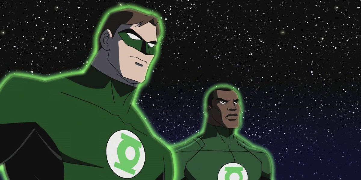 Two animated superheroes in green costumes and masks stand confidently against a starry night sky. Their suits feature a circular emblem with a green lantern symbol.