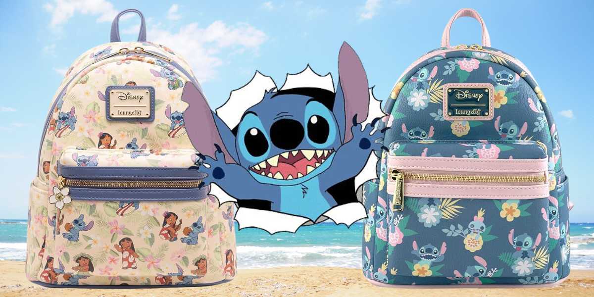 Two Disney-themed Loungefly backpacks featuring "Lilo & Stitch" designs are displayed on a sandy beach background. Between them, an illustration of Stitch appears as if breaking through the backdrop.