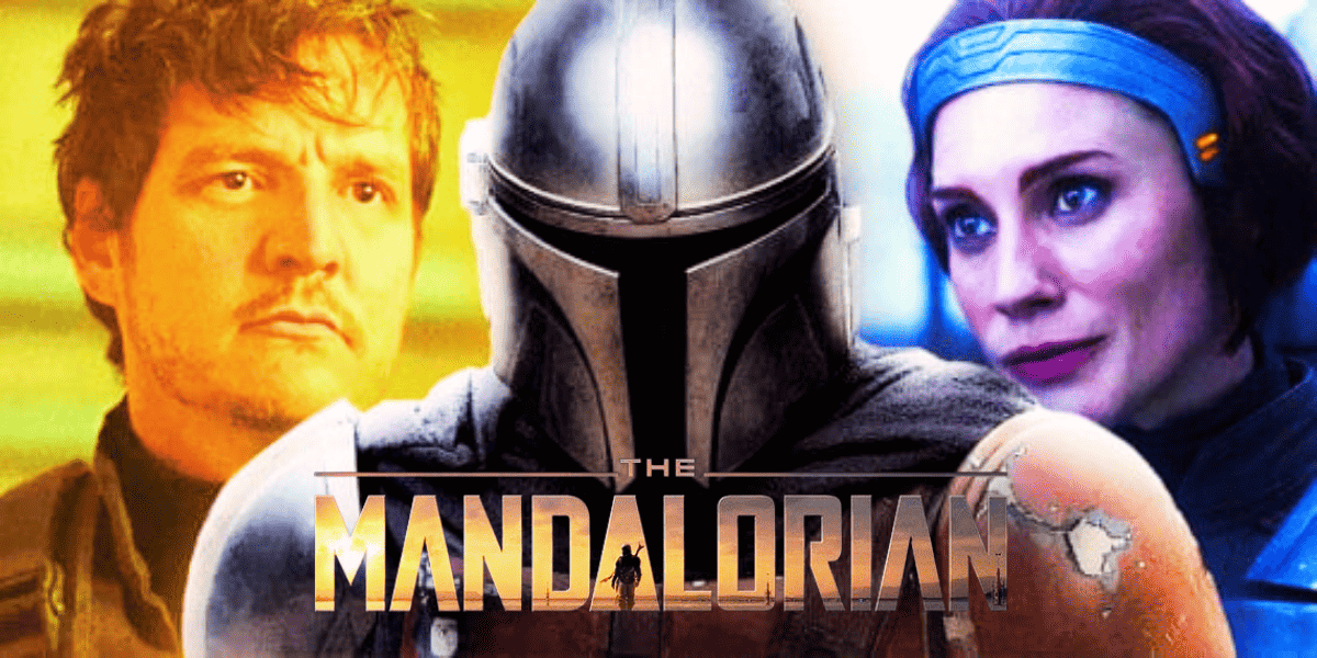 Promotional image for "The Mandalorian" featuring the main character in armor at the center, flanked by a man on the left and a woman with a headband on the right. The title "The Mandalorian" is displayed at the bottom.