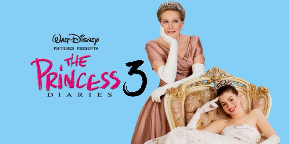 Two women dressed elegantly, one sitting on a throne-like chair and the other standing beside her, against a blue background. Text reads "Walt Disney Pictures Presents The Princess Diaries 3".
