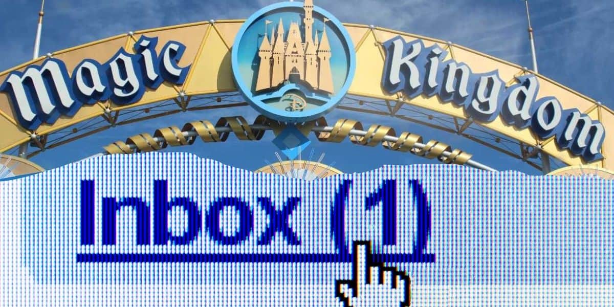 An archway with "Magic Kingdom" written on it is overlaid by a pixelated image of a computer screen displaying "Inbox (1)" with a cursor pointing at it at Disney World.