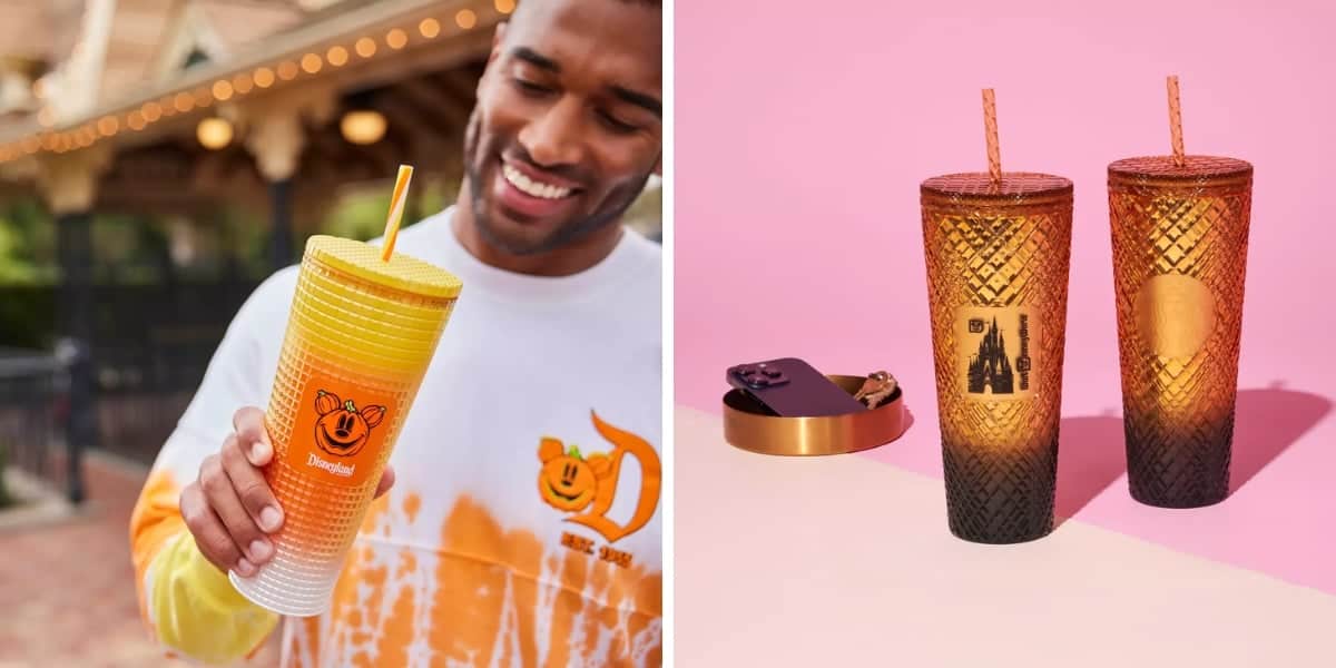 A man smiles as he holds a yellow textured tumbler with a bear emblem and a straw. The background hints at a theme park. Beside it, two identical textured tumblers, one black and one orange, stand against a pink backdrop with a tray and small objects.