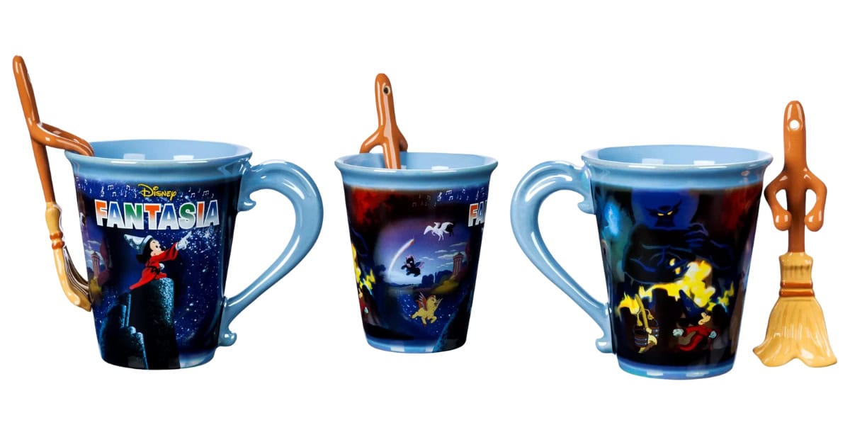 Three colorful Disney Fantasia-themed mugs featuring iconic scenes and characters. Each mug has a broom-shaped handle. The designs display vibrant illustrations against a blue backdrop.